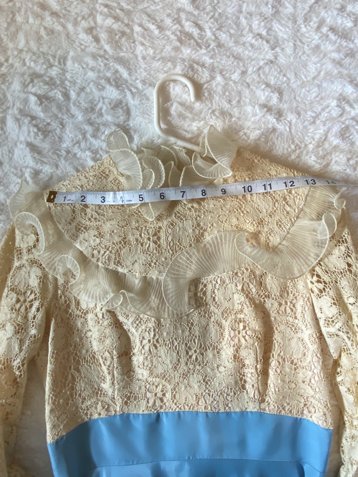 VTG Victorian Cottagecore Bridgerton Blue & Cream Lace & Ruffle Dress SZ XS 0-2