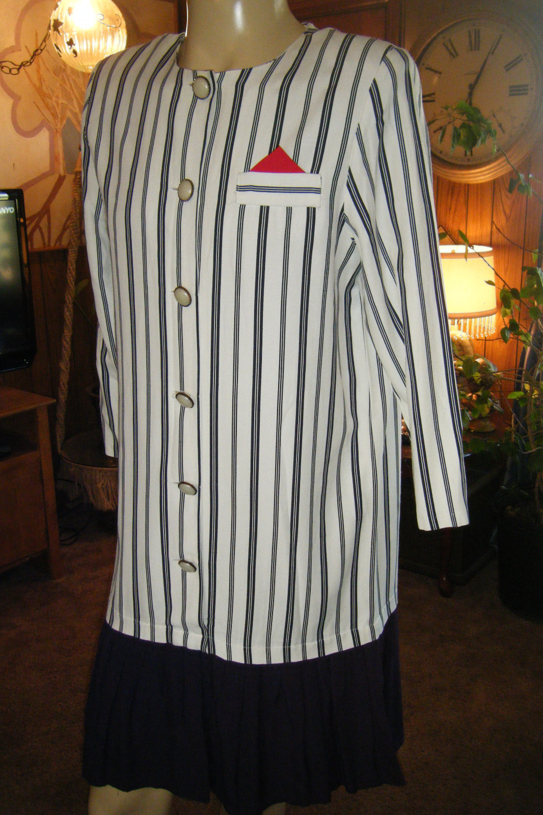 Vintage RISA ANN New York FLAPPER Drop Waist Pinstripe DRESS Blue & Cream sz 14