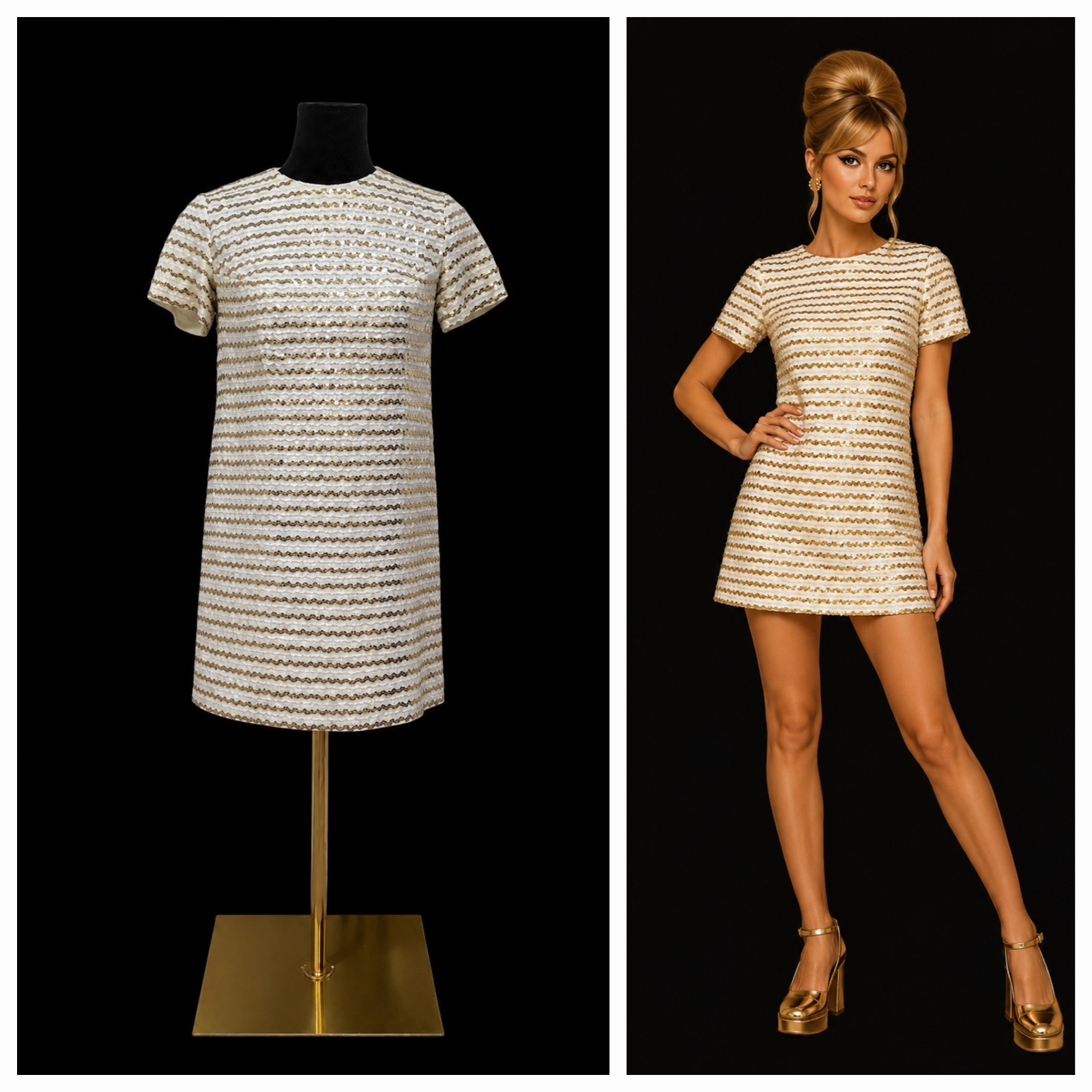 VTG Jr Theme Ivory Gold Sequin Shift Dress Mod Cocktail Party Mini Sz