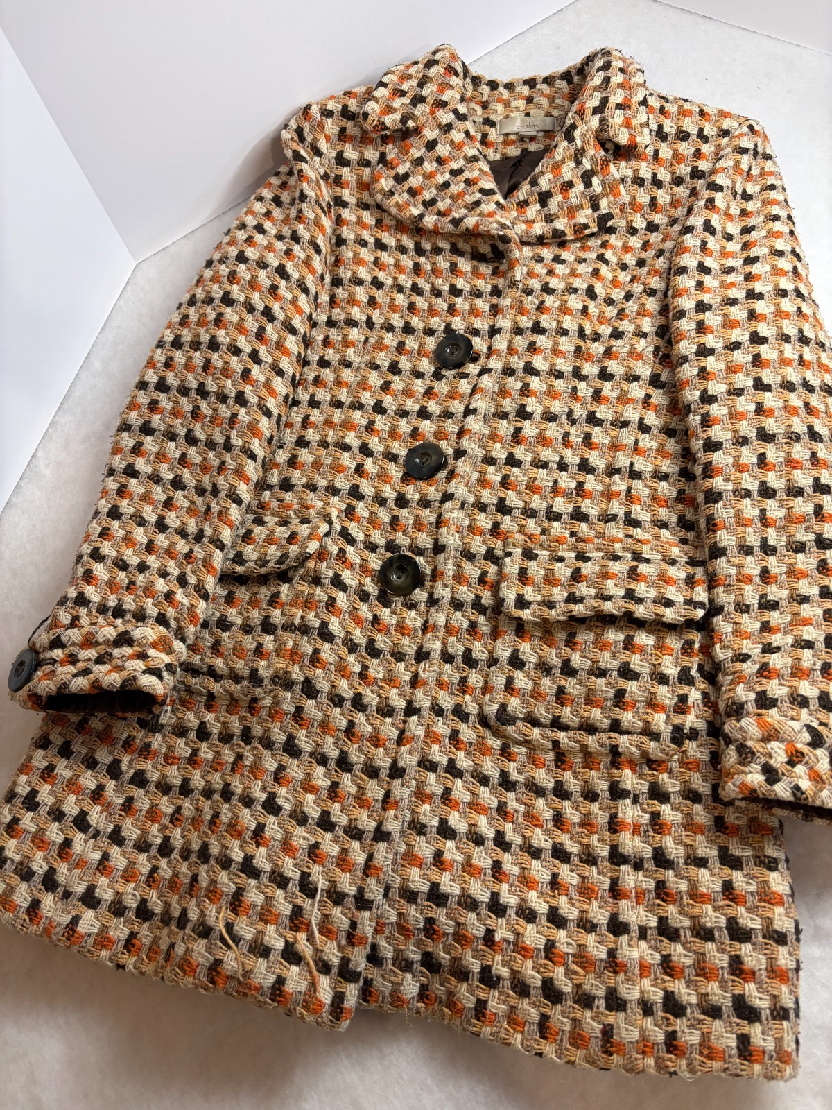 VTG Caslon Wool Woven Tweed Car Coat Brown Orange Women&rsquo;s Sz L Mod 70&rsquo;s Style