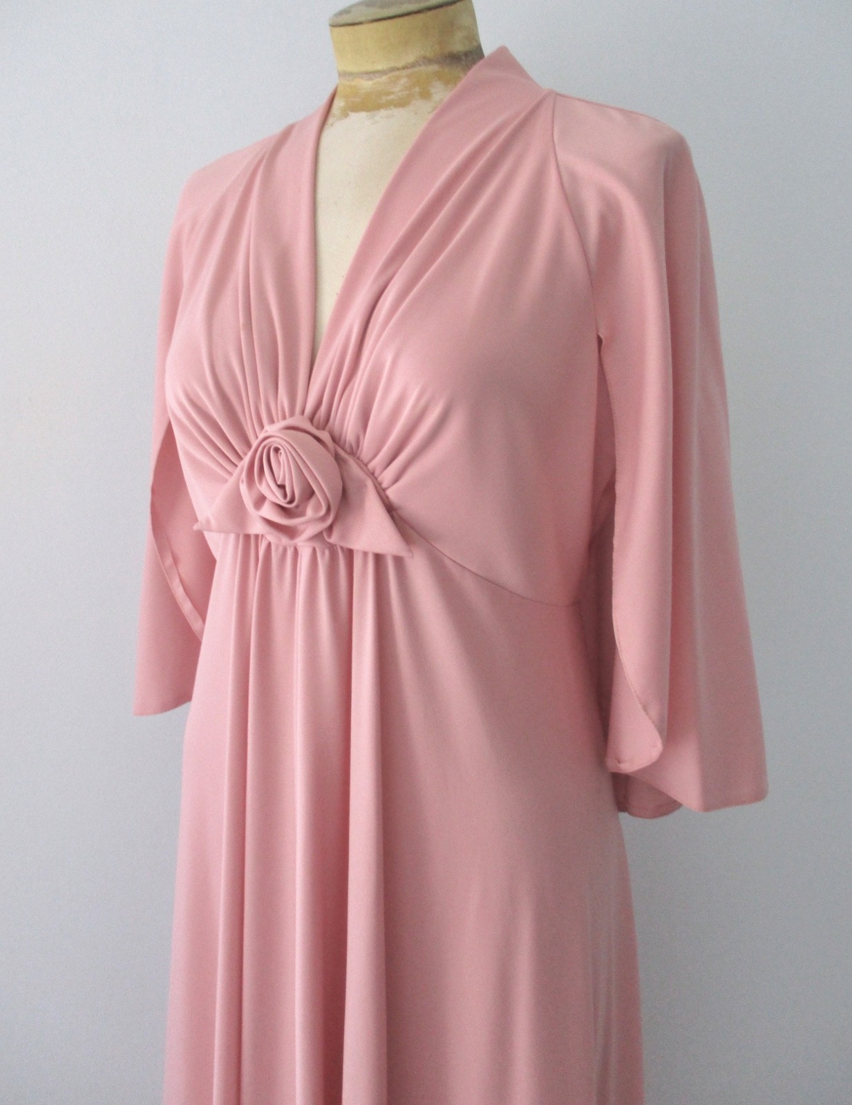 Vtg 70s Lorrie Deb Rose Pink Maxi Hostess Formal Empire Dress Cape Rosette S/M
