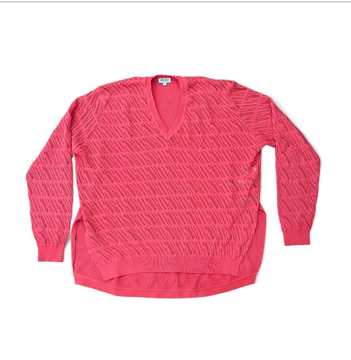 VTG Rare Kenzo Bright (Reddish) Coral Open Knit V Neck Viscose Blend Size S