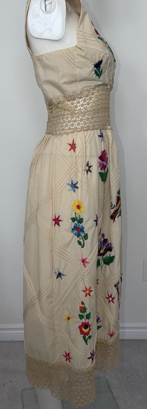 Vintage 1970s Mexican Embroidered Festival Cream Prairie Crochet DRESS