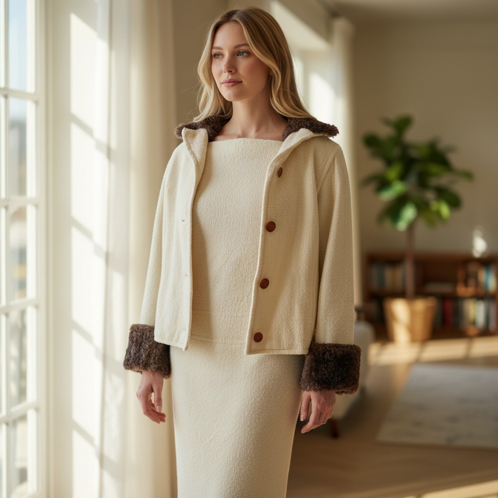 Vintage Tricosa Paris France 1970s Wool Dress & Jacket Cream w/ Faux Fur *READ