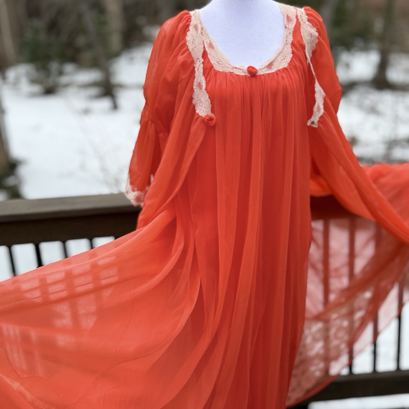Vtg Intime Nightgown & Robe Double Chiffon Peignoir Set Flame Orange Sweep S M +