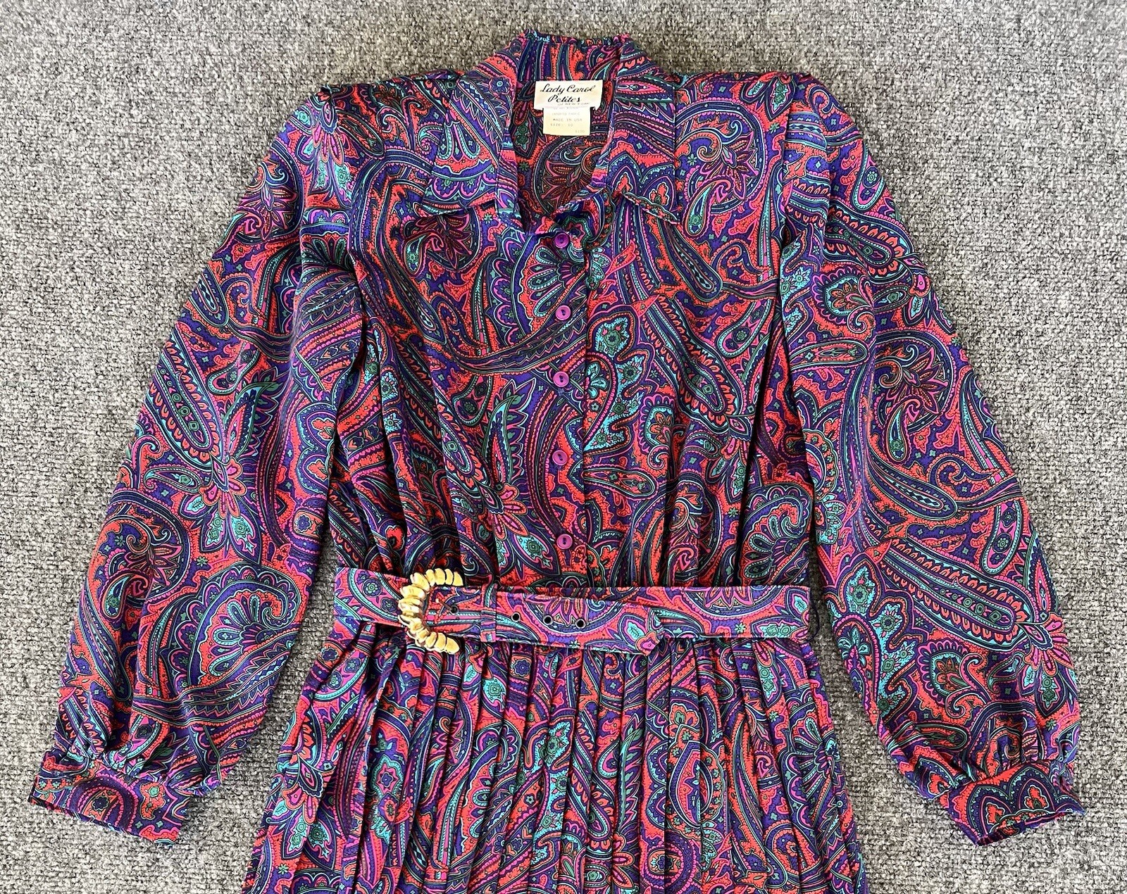 Lady Carol Petites VTG Dress Red Blue Neon Pleated Belted Hippy Fairy Size 10
