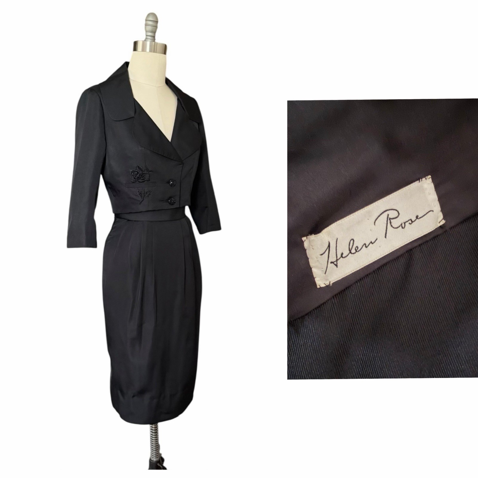 Vintage 1950s Black Tailored Skirt Suit With Cropped Jacket By Helen Rose