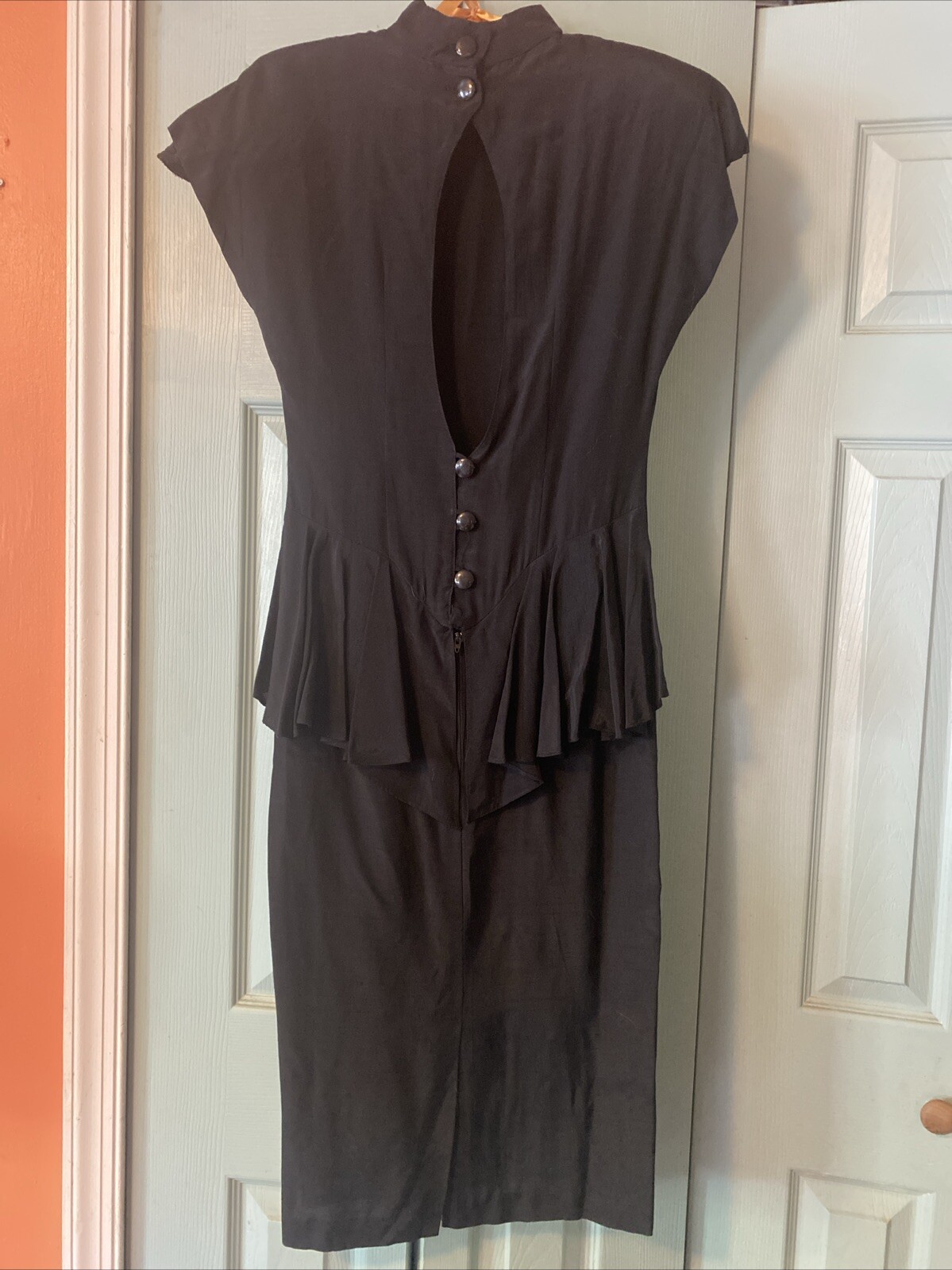 1980s Michael Blair Black Peplum Open Back Dress Small 1930s Style
