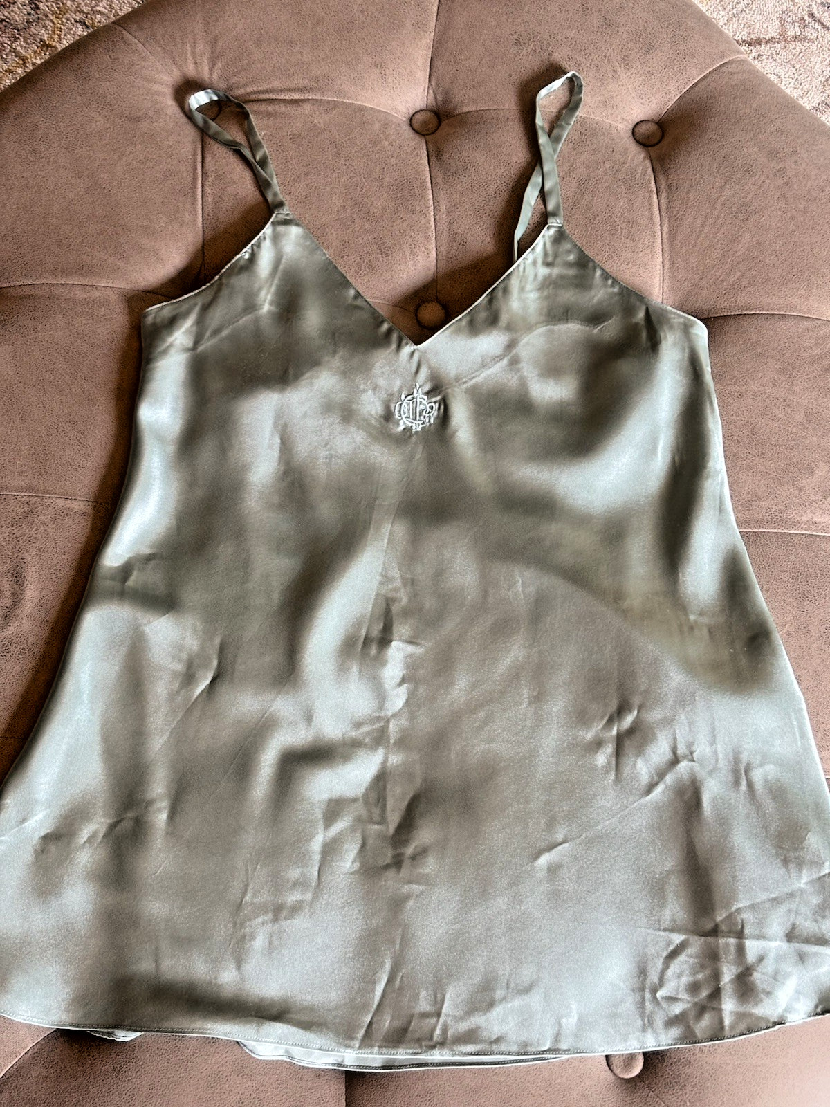 Vintage Christian Dior Embroidered Logo Lingerie Cami Slip Chemise~ Mint Green