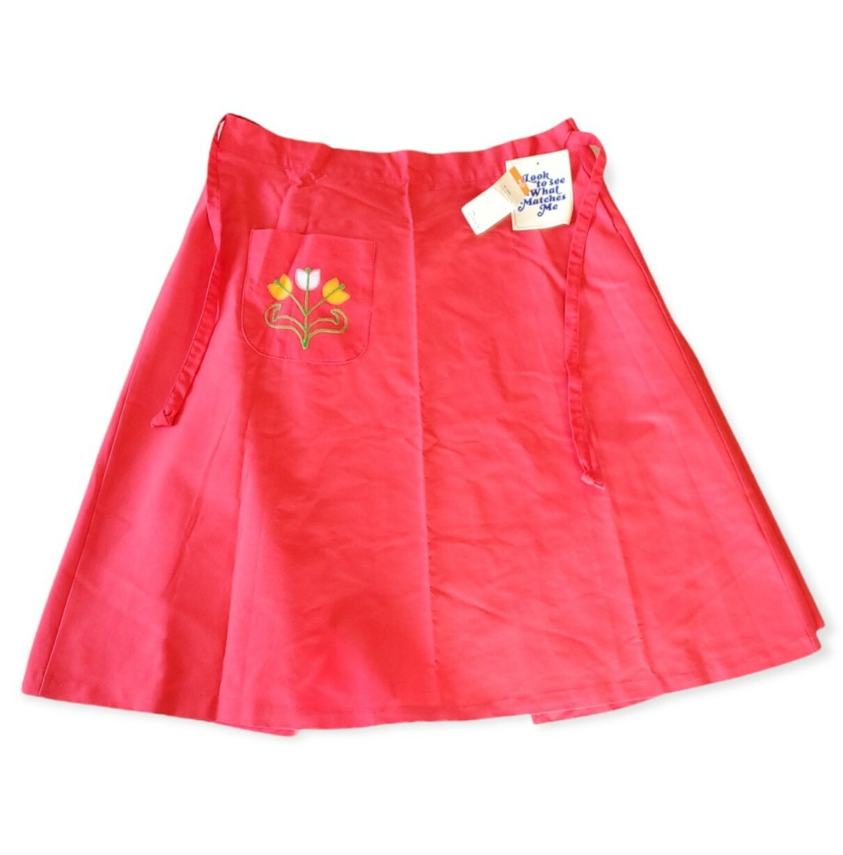 NOS Vintage NWT Red Wrap Skirt With Pocket & Embroidered Tulips Size 17/18