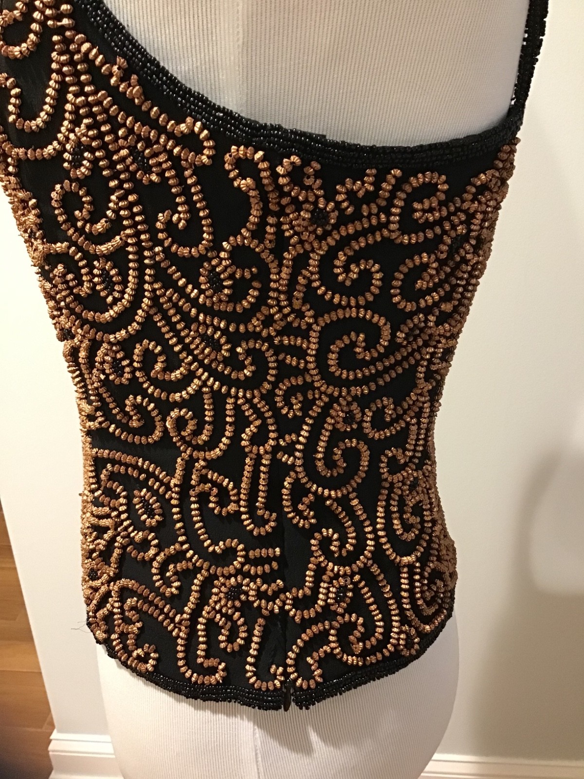 Vintage 90s Cache Black Beaded Cami Top Size 2 Bronze Embellished Boned Corset