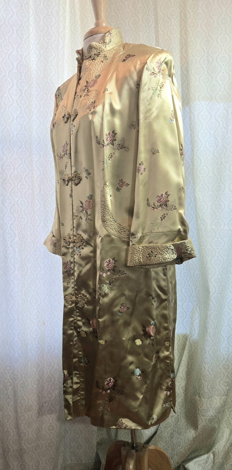 Chinese Brocade Embroidered Satin Frog Knots Long Duster Coat Tangzhuang 38 M