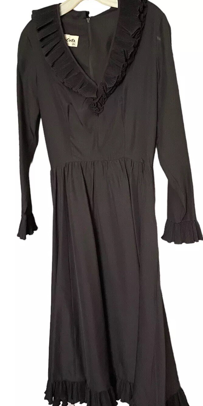 Vtg Victor Costa Black Gothic Victorian Silk Taffeta Midi Dress Sz 6 L/S Ruffle