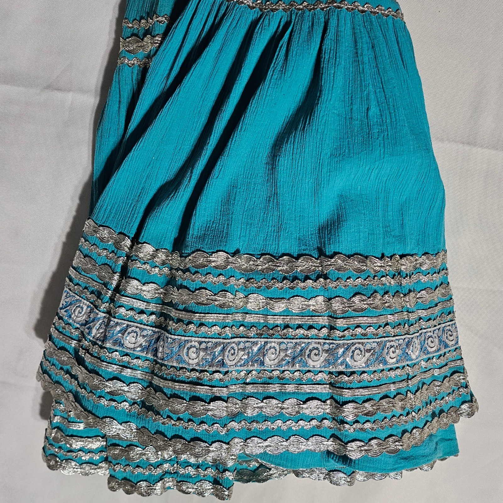 Vintage Fayes Creation Patio Fashions Turquoise Silver Rickrack Skirt Set 2958