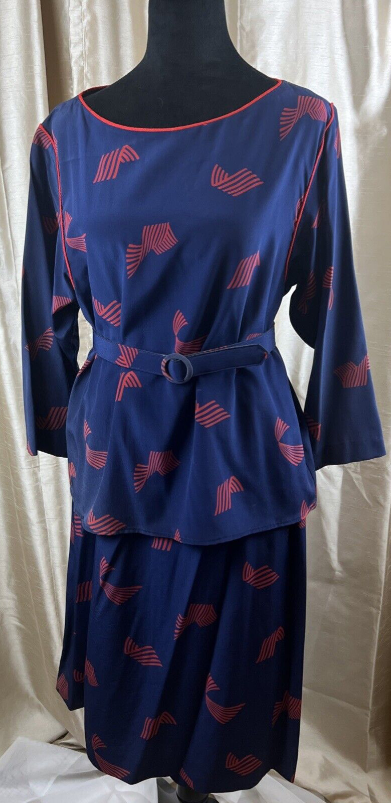 John Meyer 2 Piece Skirt Set Women&rsquo;s sz 14 Navy Red 3/4 Sleeve w/ Belt VTG
