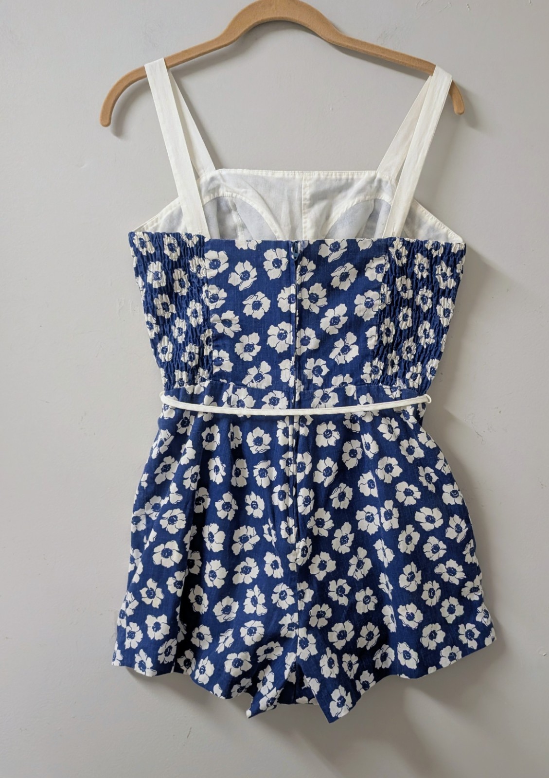 Vintage Sea Waves Floral Blue White Playsuit Romper Smocked Soft Bra S/M