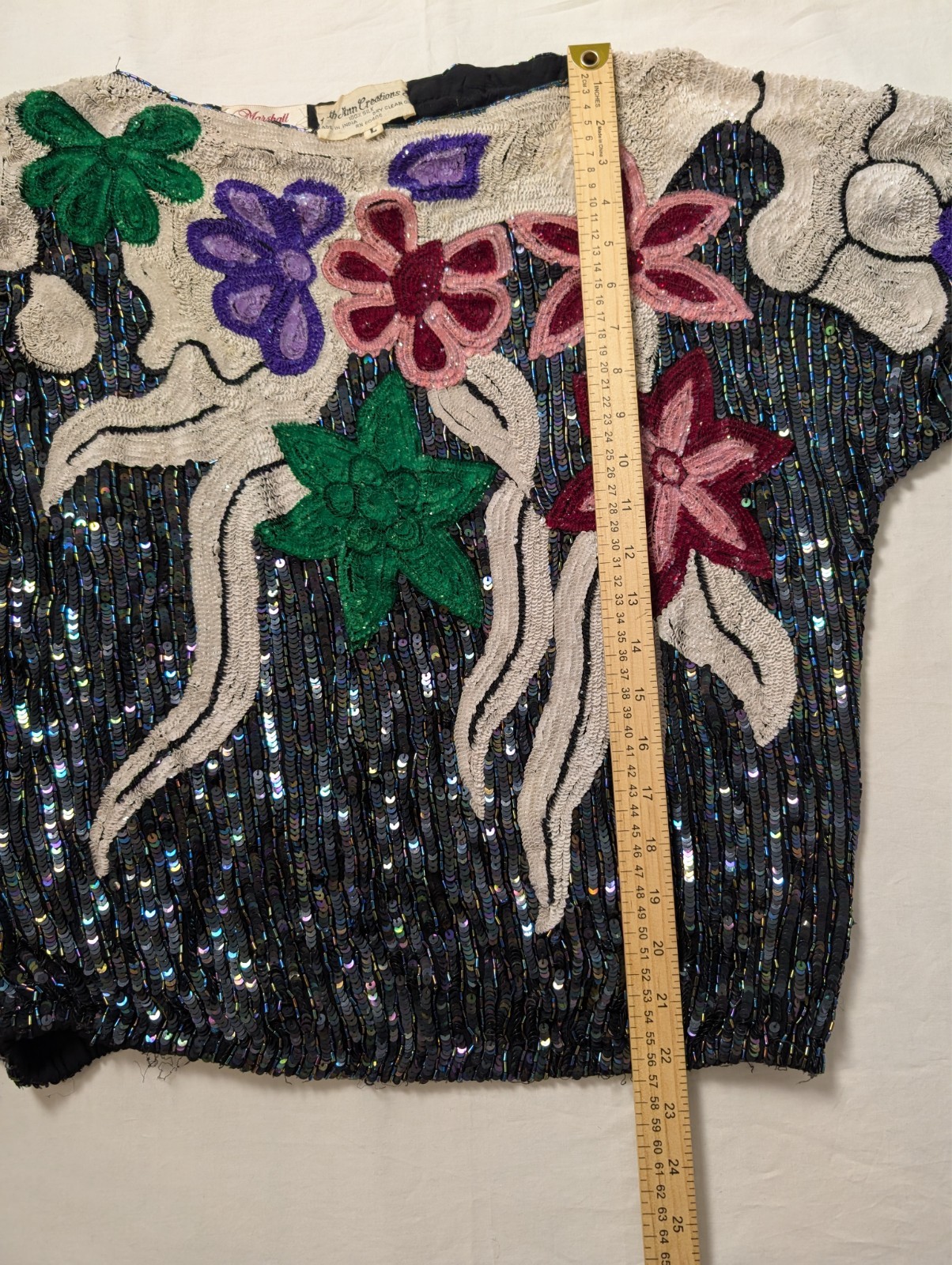 Vintage Hand Beaded Sequin 100% Silk Floral Judith Ann Creations Blouse Skirt L