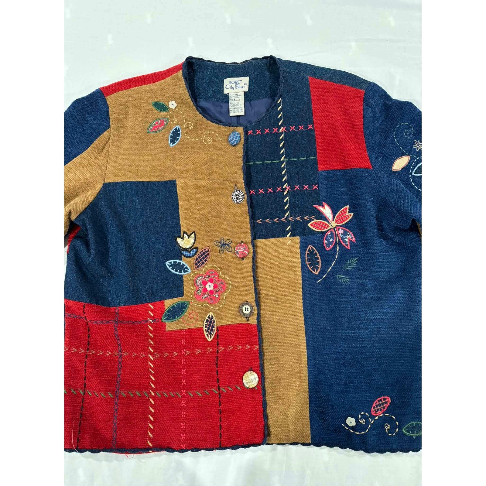 Koret City Blues Vintage Patchwork Embroidered Jacket Blue Red Tan Large