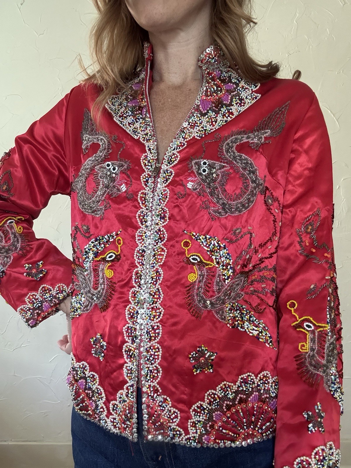 VTG 1960s Red Satin Beaded Jacket Zip up Asian Influenced Dragon Phoenix Design