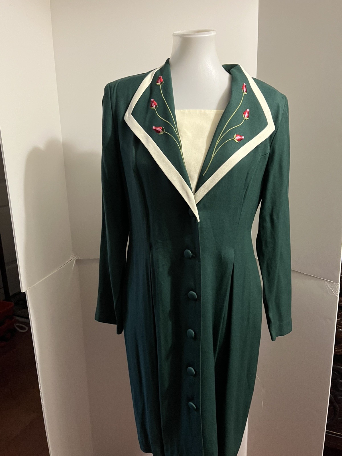 Vintage green Tulip Floral Embroidered Collared Dress size 12p