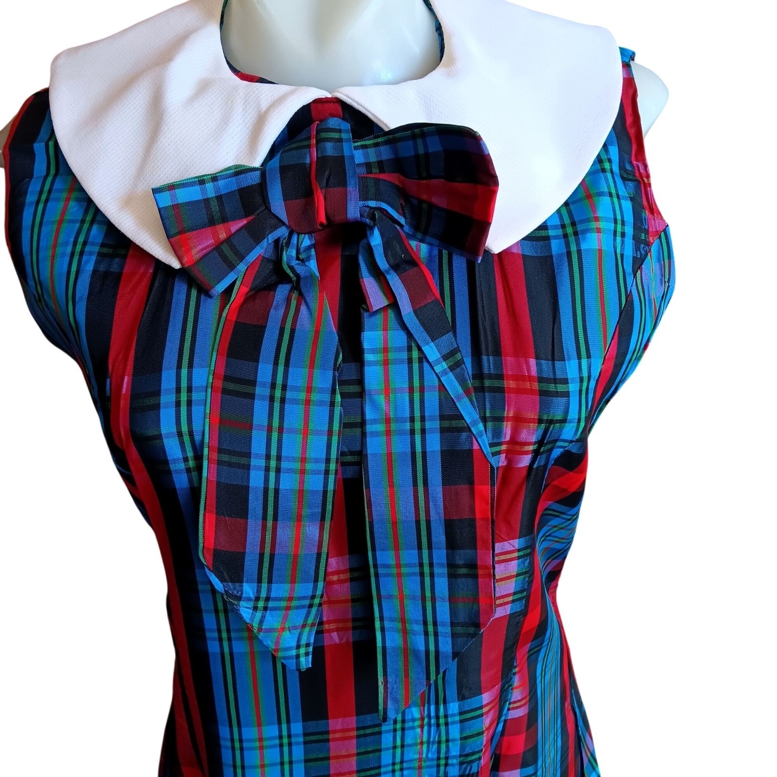 True Vintage Dress 11 1960&rsquo;s Plaid Sleeveless Maxi Pilgrim Collar Bow USA