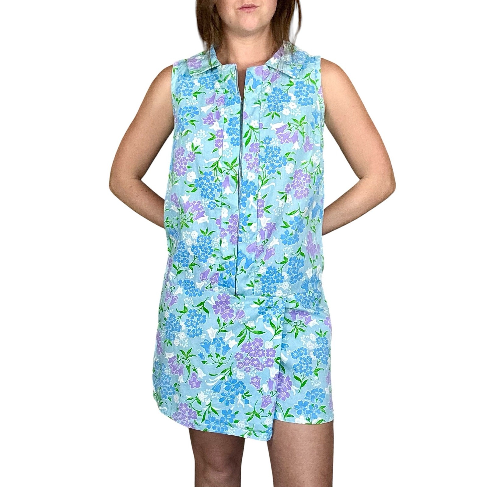 Vintage 60s Encore Classics Floral Jumper Dress Romper Skort Blue Purple Mod