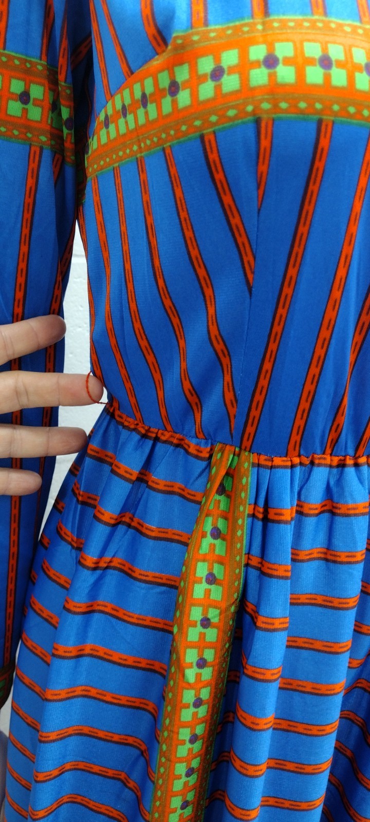 60S 70s Geometric Maxi Dress Blue Multicolor Designer SAKS Leonard Tuttman Small