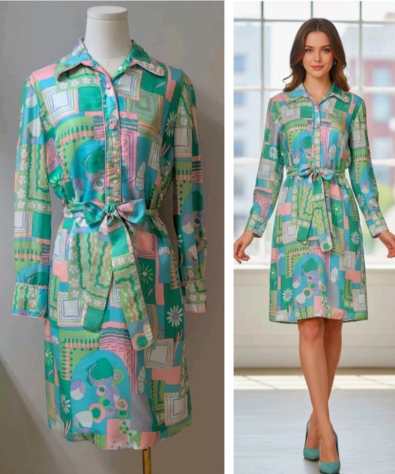 Vintage 70&rsquo;s Silk MOD Psychedelic Shirt Dress Colony Classics Hong Kong Belt M