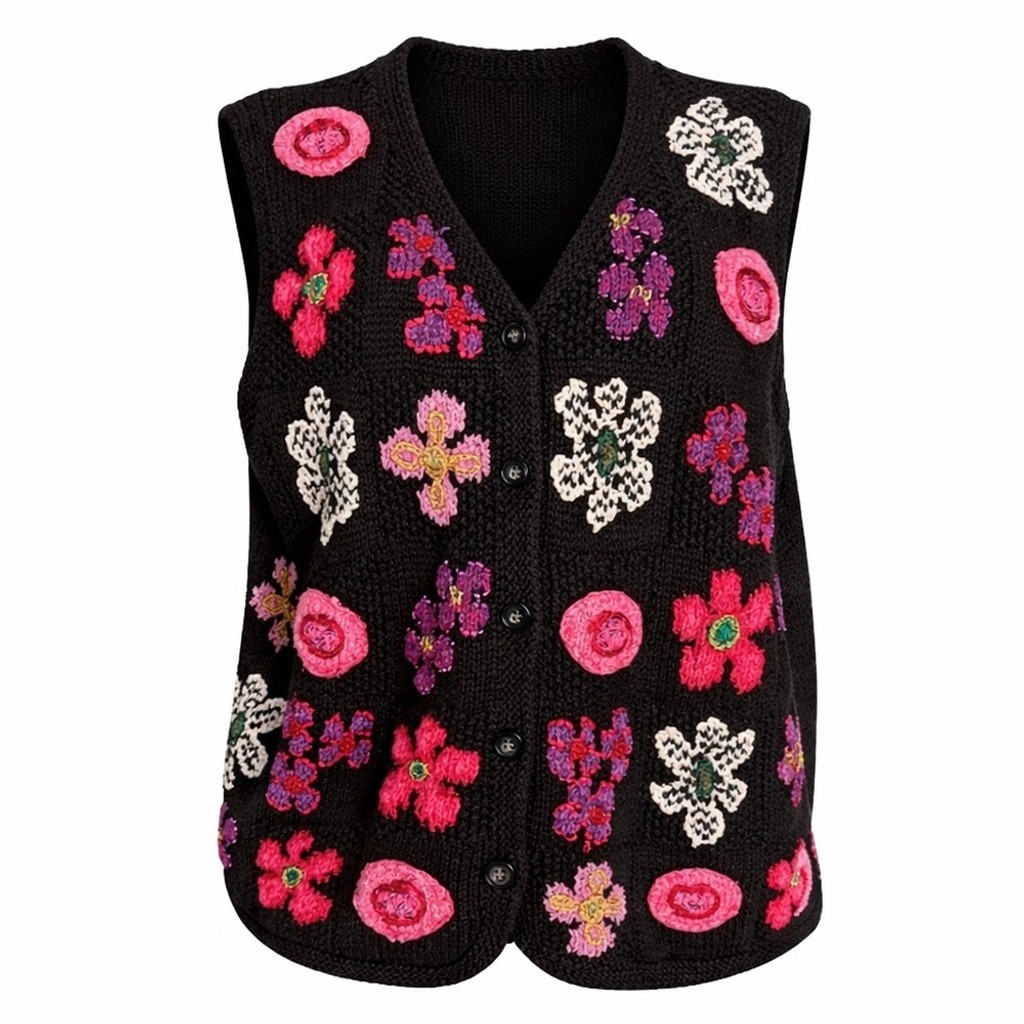 Y2K Cottagecore Floral hand Embroidered Sweater Vest – Black Pink XL