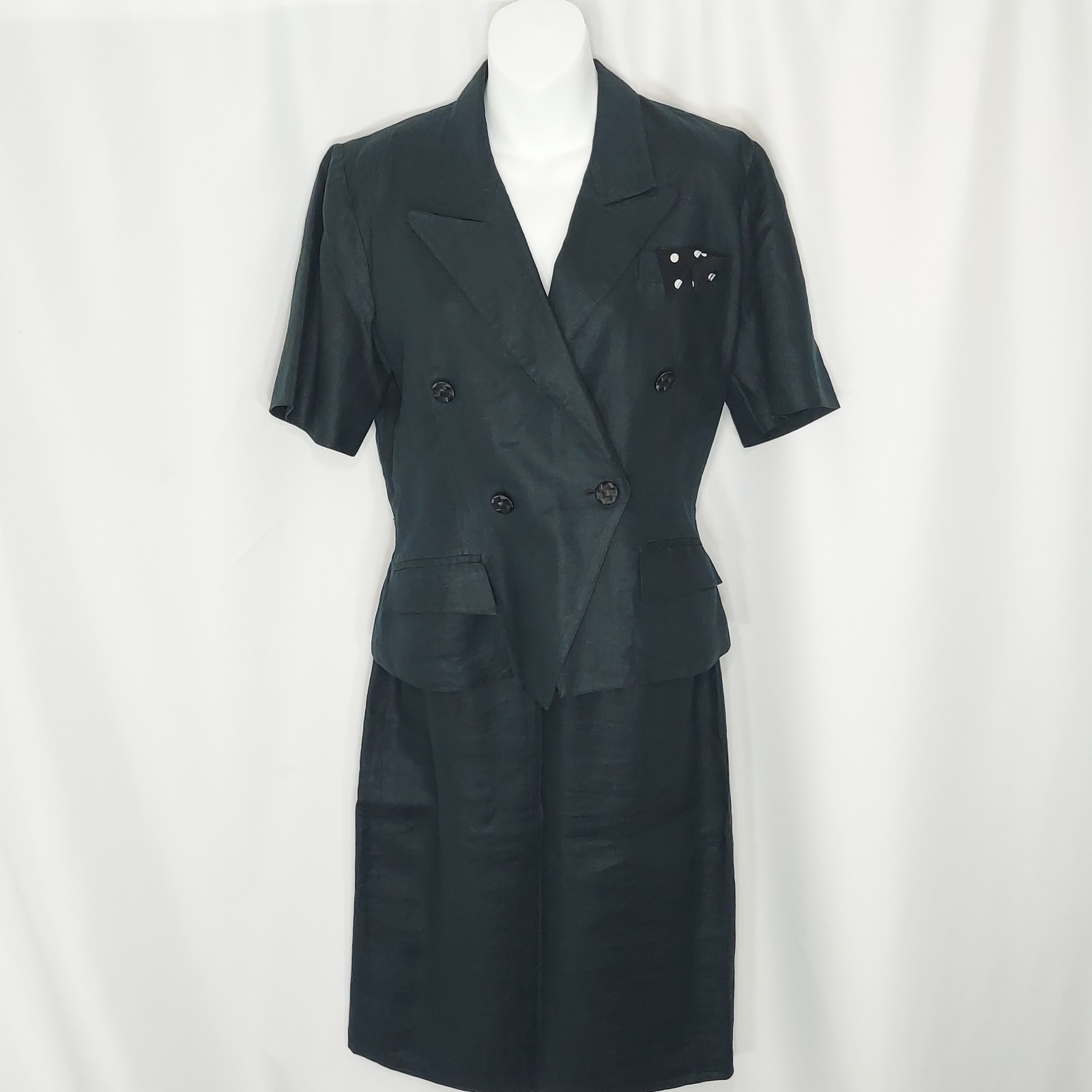 Linen Suit Double Breasted Jacket Blazer Pencil Skirt Off Black Green Vintage
