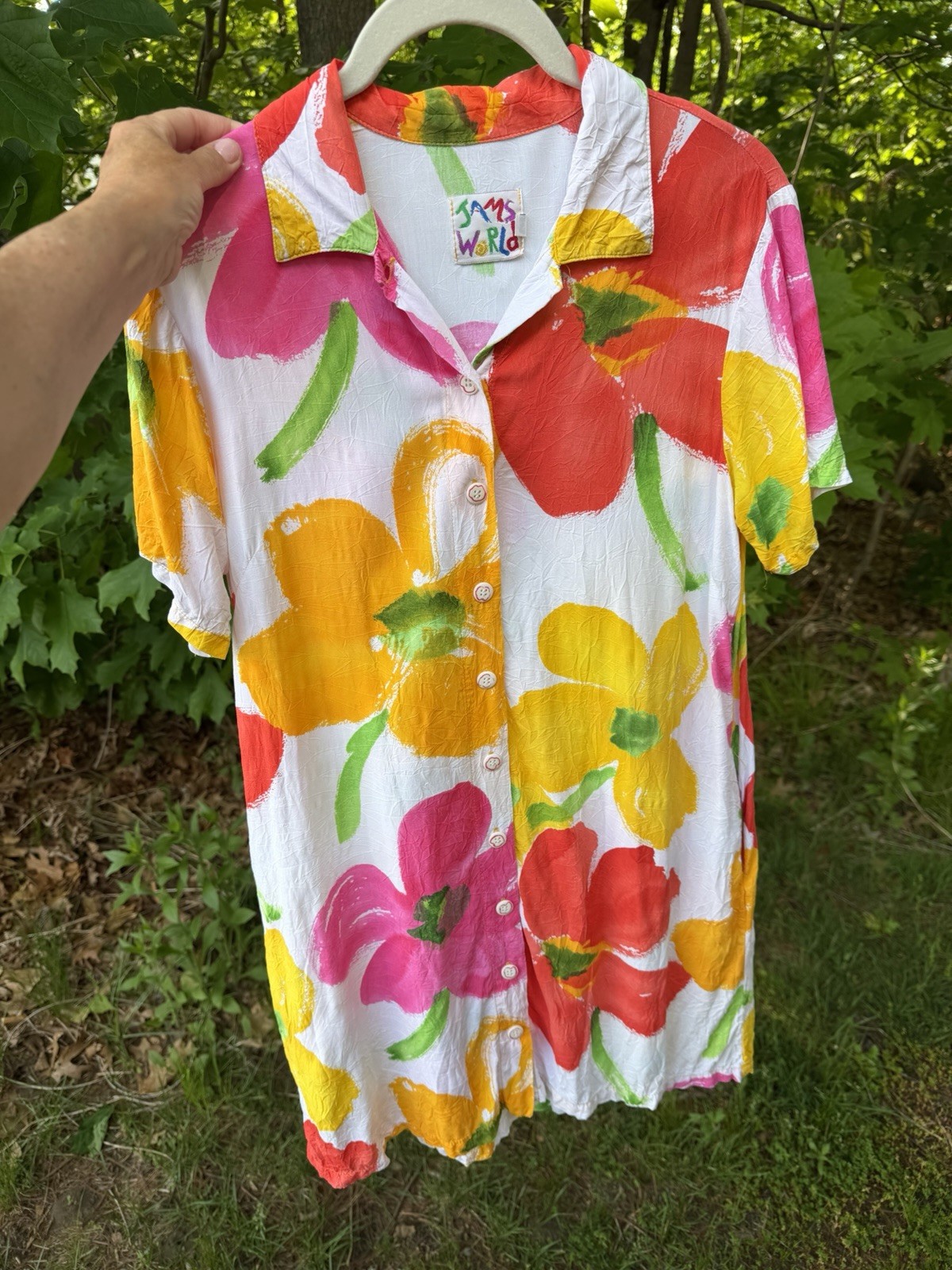 Vintage 90s JAMS WORLD pop art floral Hawaiian white colorful SUMMER dress S