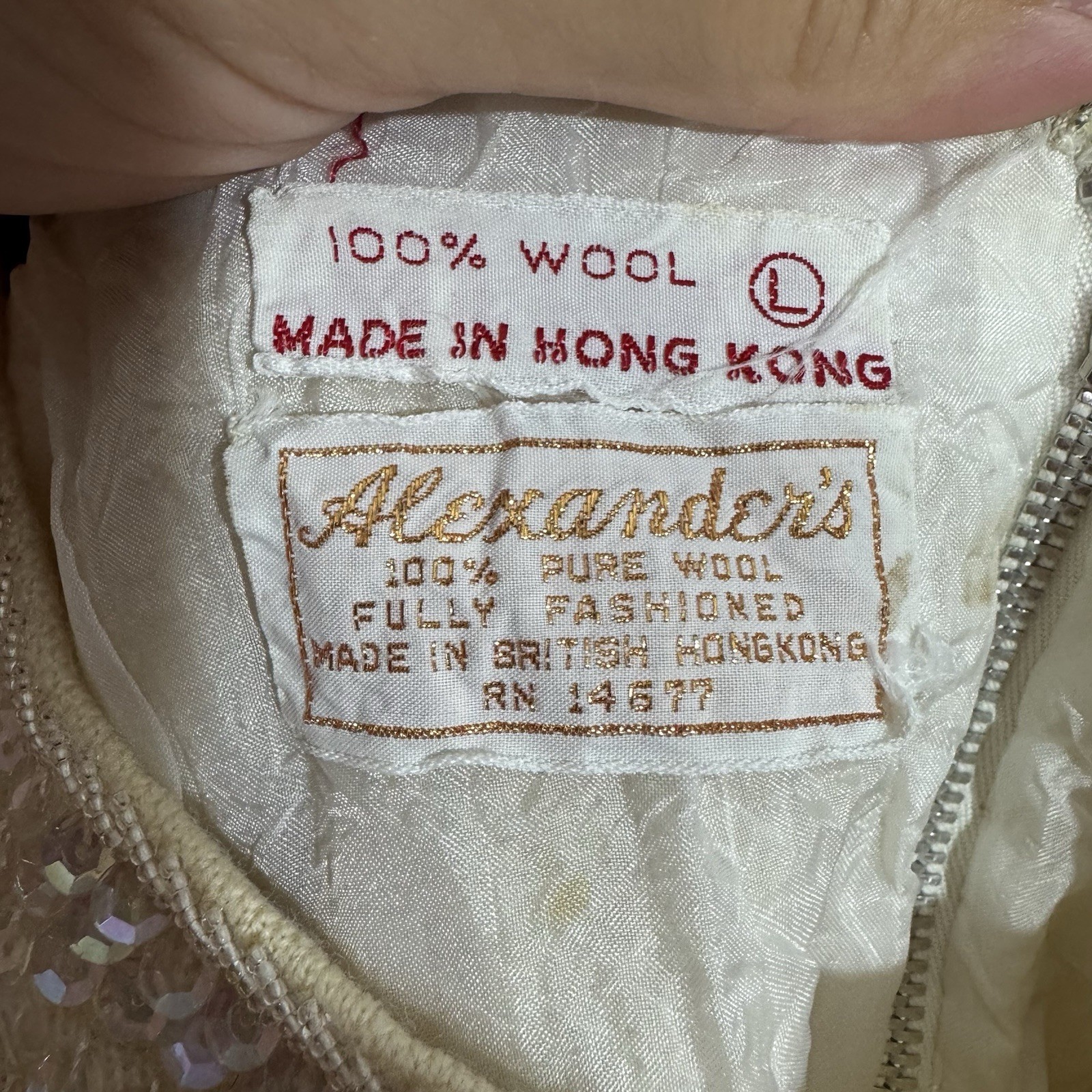 Vintage Alexander’s Beaded Sequin Top Wool Shell Made in Hong Kong Sz L