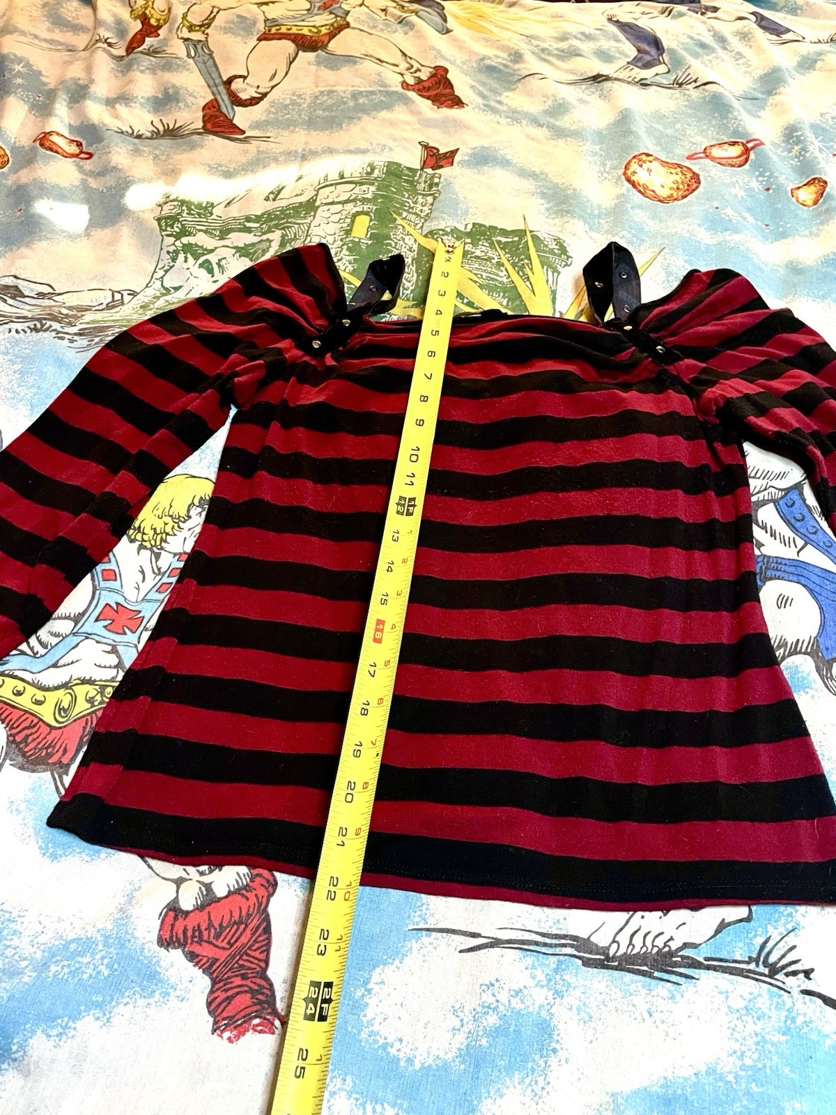 Y2K Off-Shoulder Red & Black Striped Goth Top w/ Strap Detail | Grunge Mall Alt