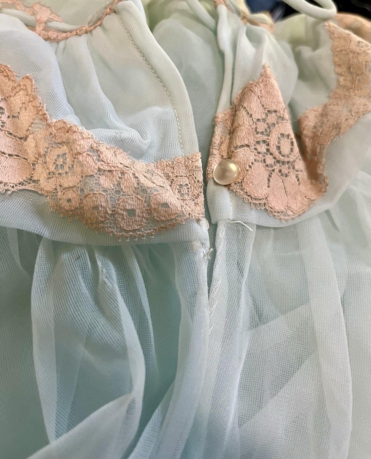 Lisette Medium Light Blue Sheer Chiffon Peignoir Baby Doll Robe Beige Lace Trim