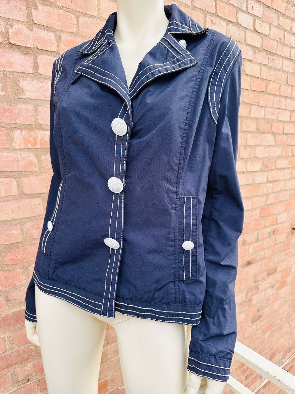 MOSCHINO Blazer Jacket Short Navy Blue White Popeye Buttons Cartoon Size IT 46 L
