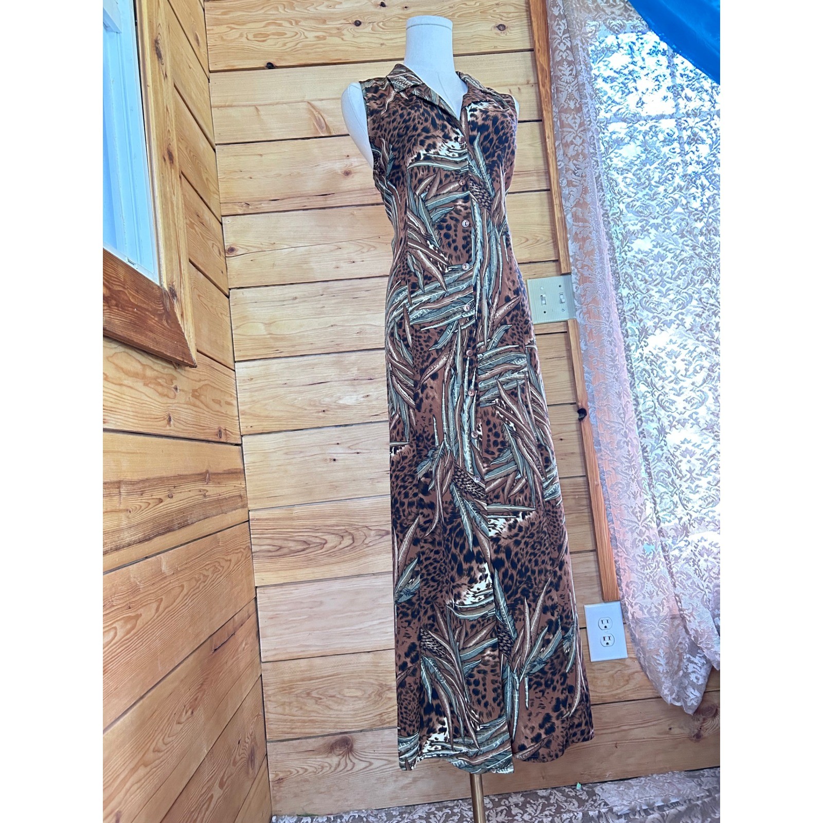 Vintage Maxi Dress Size 14 Brown Leopard Palm Leaf East West Fashions Retro 90&rsquo;s