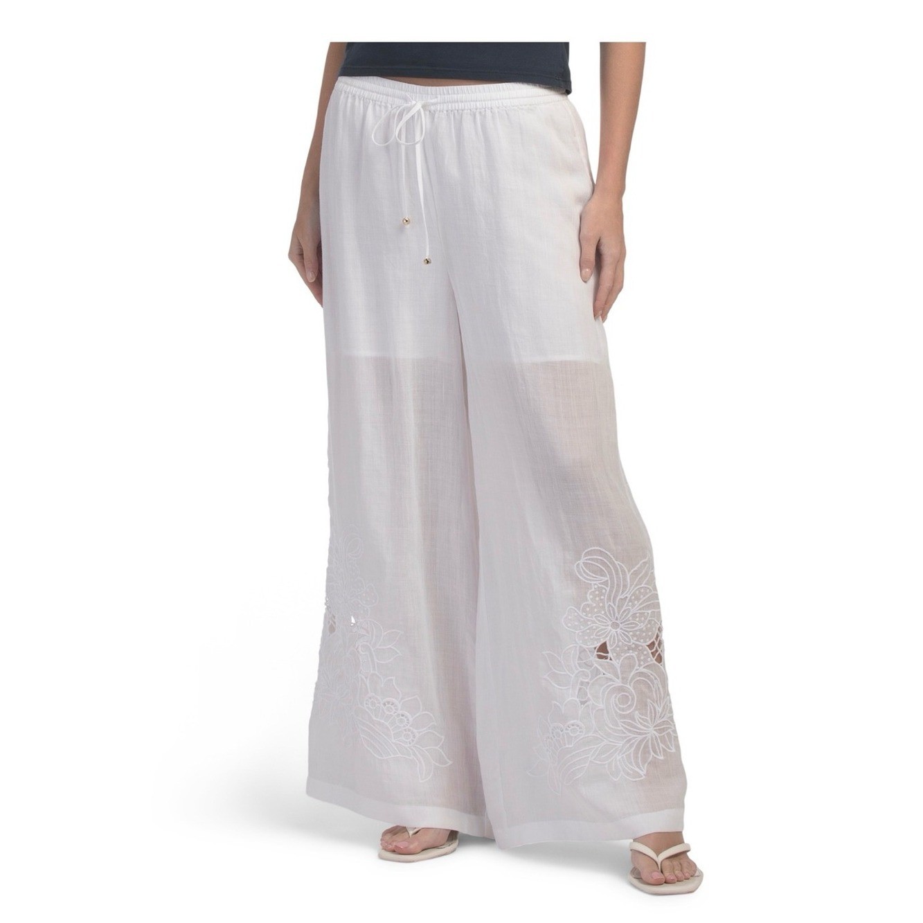 NEW Johnny Was Frankie Easy Pants XL White Ramie Embroidered Wide Leg Coastal