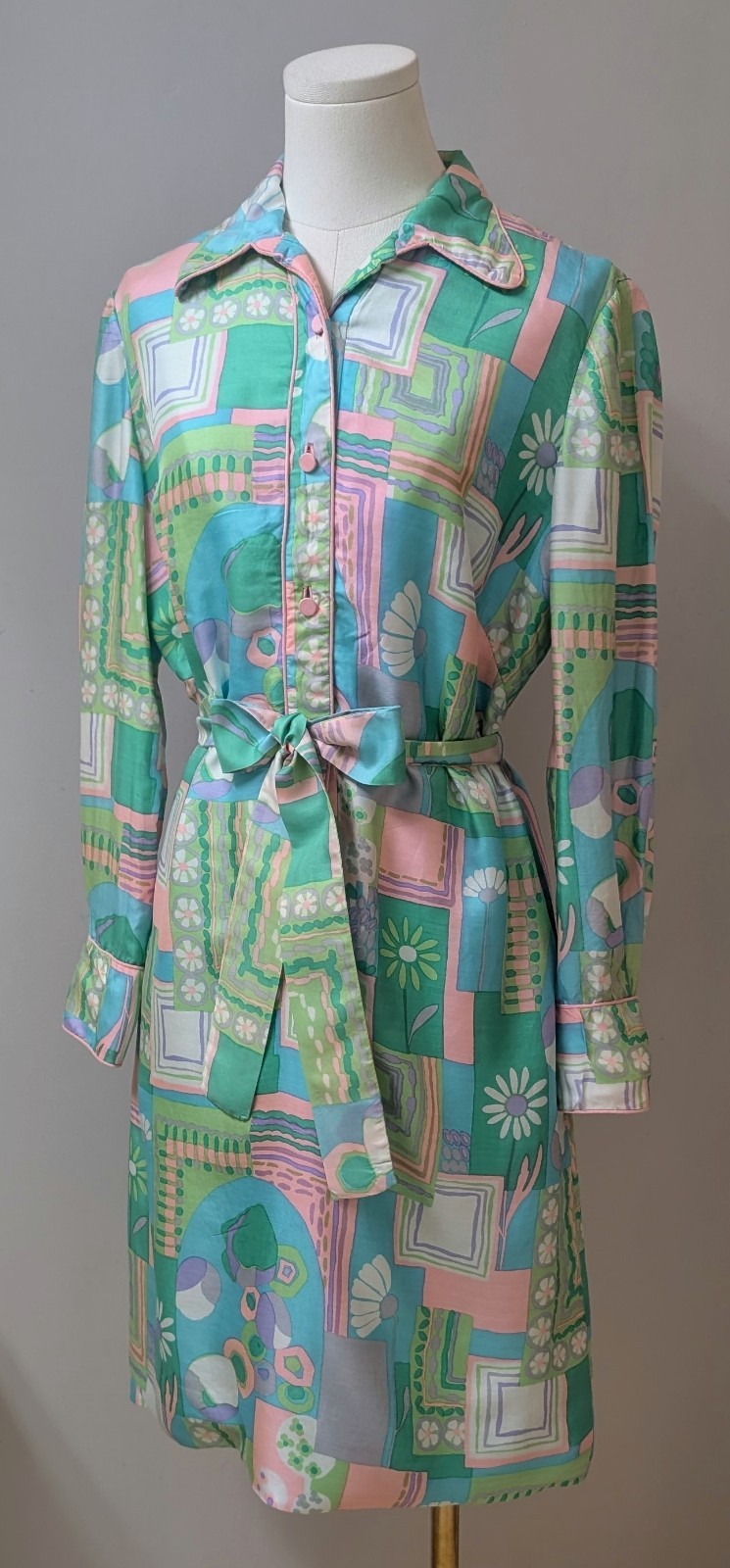 Vintage 70&rsquo;s Silk MOD Psychedelic Shirt Dress Colony Classics Hong Kong Belt M