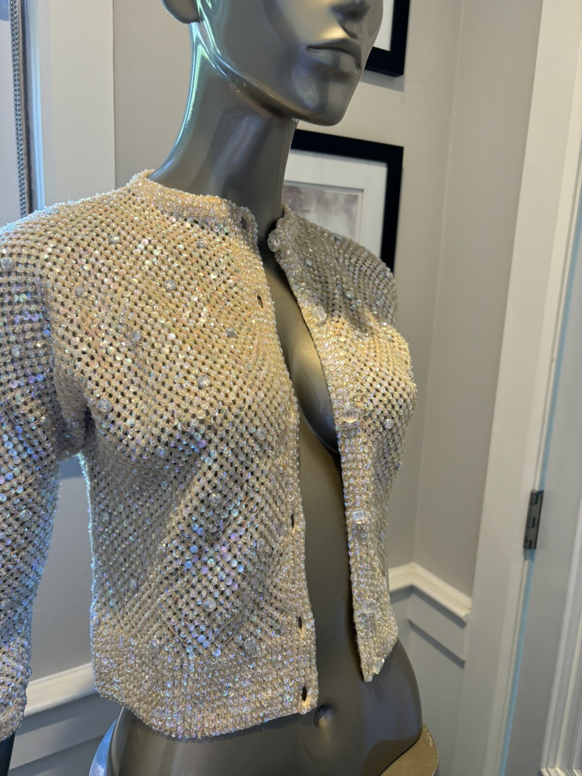 Laura Aponte SRL Roma Knit Mother Of Pearl Sequins Shrug Ivory Bolero Bridal S