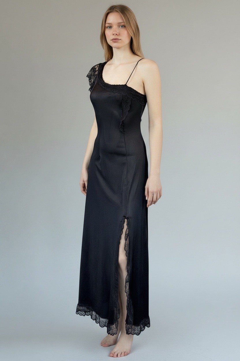 90s Dark Romantic Asymmetrical Black Negligee Slip Dress Nightgown | XS