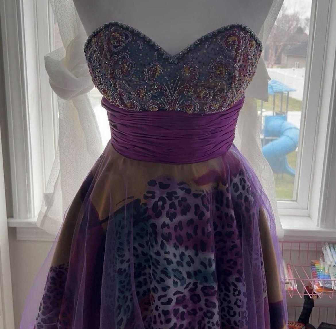 Faviana Couture vintage 2000s designer purple with leopard Print and Beaded Top