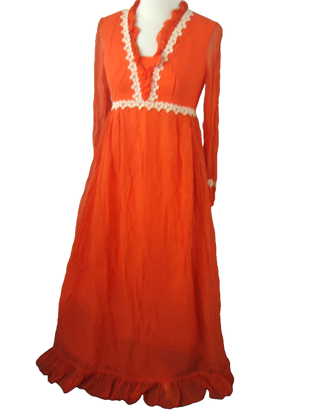 Vintage 60s70s Maxi DRESS Chiffon Overlay Lace Trim Orange Empire Waist Size 9