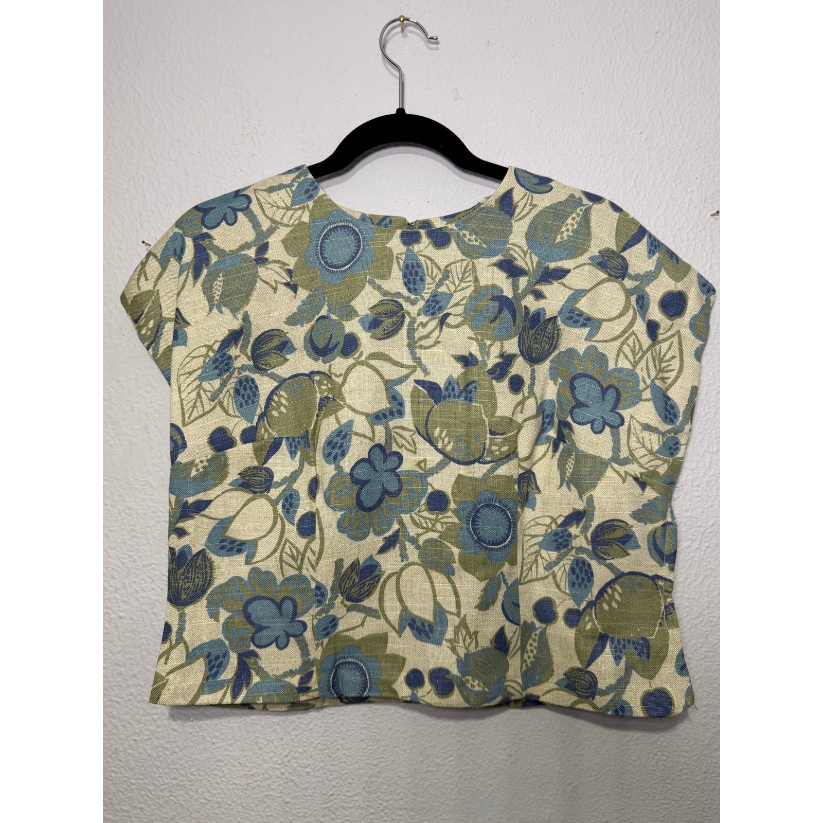 Vintage Linen Cropped Jacket Blouse Set Floral Cottagecore Boho 60s Mod Blue M/L