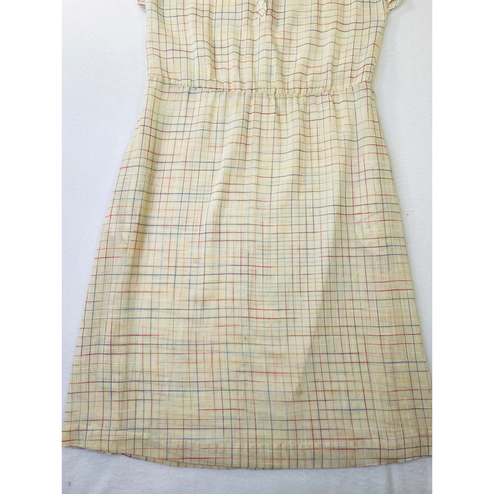 Vintage JCPenney Fashions Plaid Dress Cream Multi Color Cap Sleeve Size 15/16