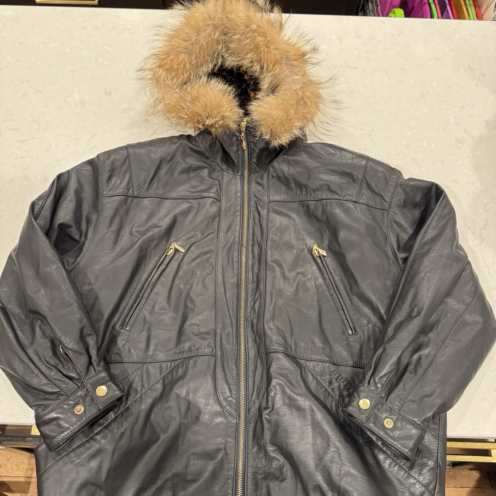 Jacqueline Ferrar Genuine Leather Jacket Coat Black W/Coyote Fur Hood Large