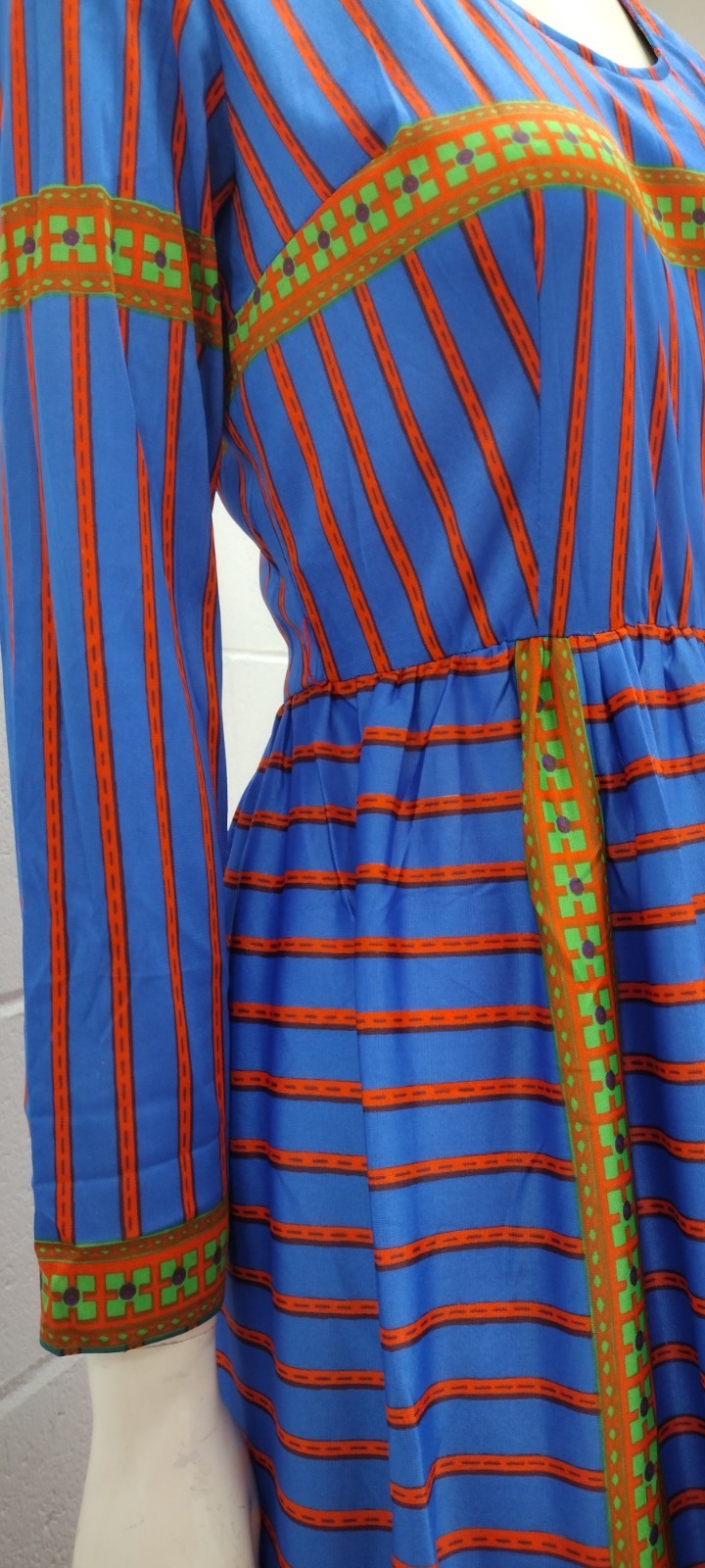60S 70s Geometric Maxi Dress Blue Multicolor Designer SAKS Leonard Tuttman Small