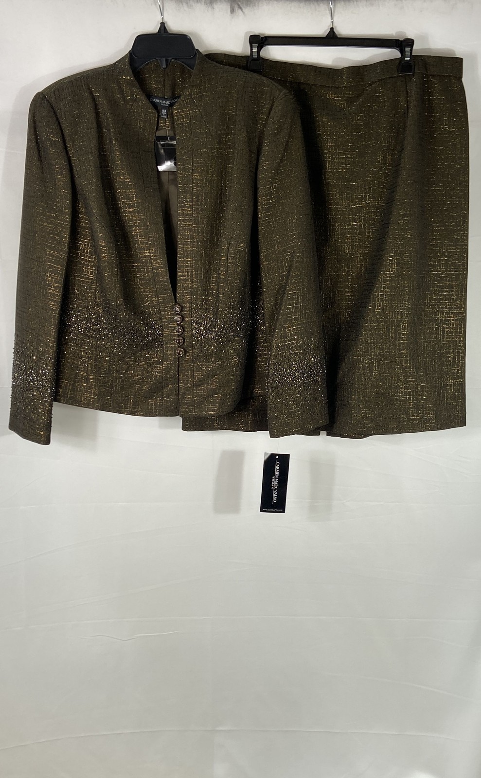 Carmen Marc Valvo Women&rsquo;s Olive Gold Beaded Suit Set NWT Jacket 16W Skirt 20W