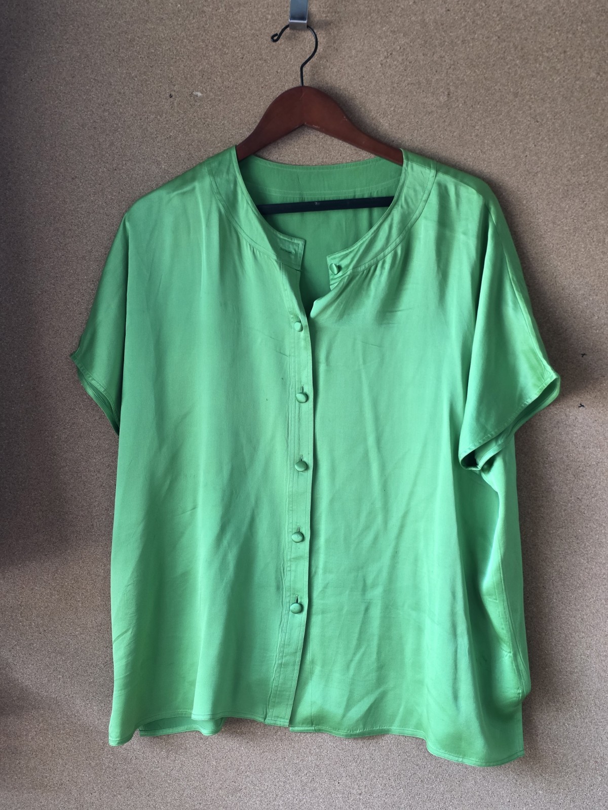 Vintage Jaeger 100% Silk Green Button Front Short Sleeve Flowy XL