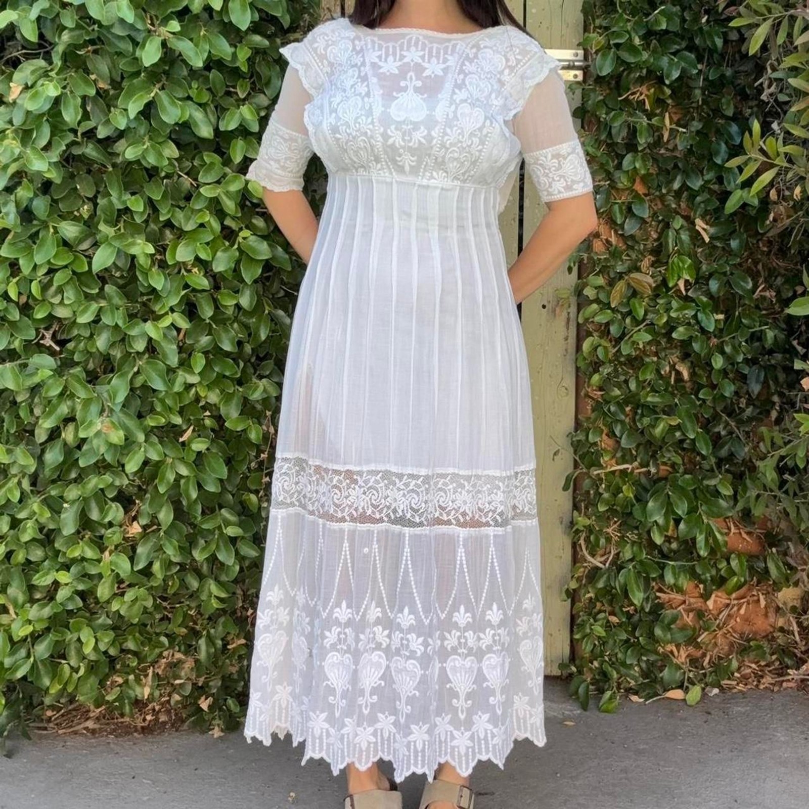 Antique Edwardian 1900s 1910s Cotton Embroidered White Tea Lawn Dress XS