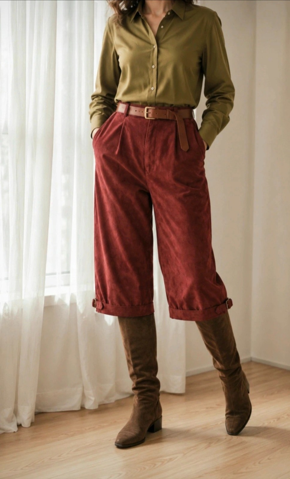 Vintage 100%genuine suede leather breeches burgundy high waist L EU 40